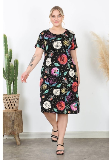 Kadın Siyah Çok Renkli Çiçek Desen Midi Elbise Siyah
