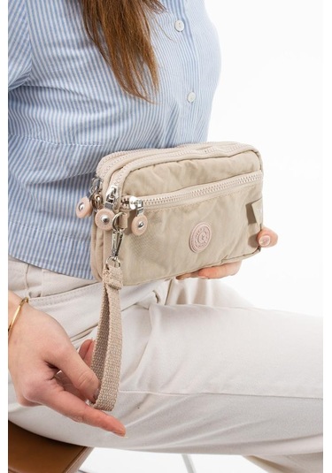 Klinkır Kumaş Mini Çapraz Askılı Kadın Çanta Yağmur Geçirmez El Askılı Çanta 20 10 Cm Mega Bag Krem