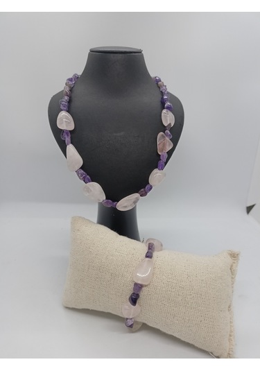Doğaltaşkolye/bileklik Takım - Pembe Kuvars Ve Ametist Taşı Takım Mdl-1005/balık Hediyelik Mor - Pembe