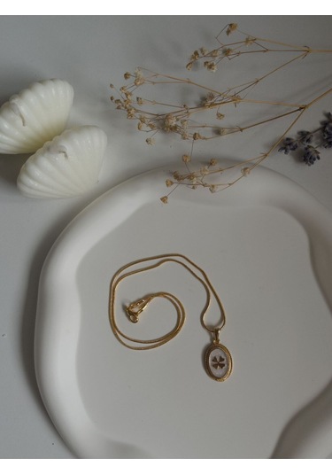 Handmade Pirinç Üzeri Altın Kaplama Oval Yonca Plaka Kadın Kolye -cloverluck Sevgiliye Hediye