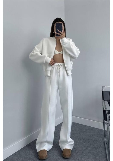 Neşeli Butik Kadın Penye 3 İplik Şardonlu Kumaş Eşofman Takımı Gts022 - Ekru Ekru