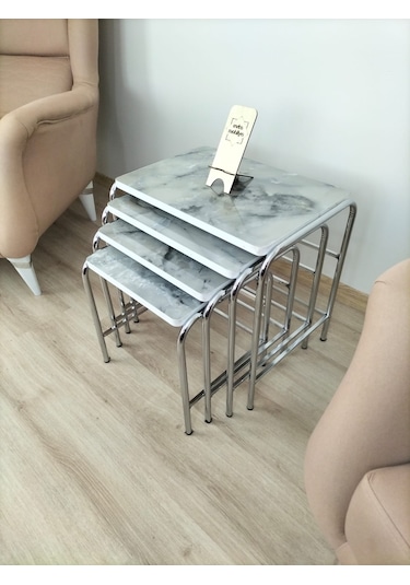 Evko Mobilya Buket Sehpa, 4'lü Zigon Sehpa, Dörtlü, Krom-duman