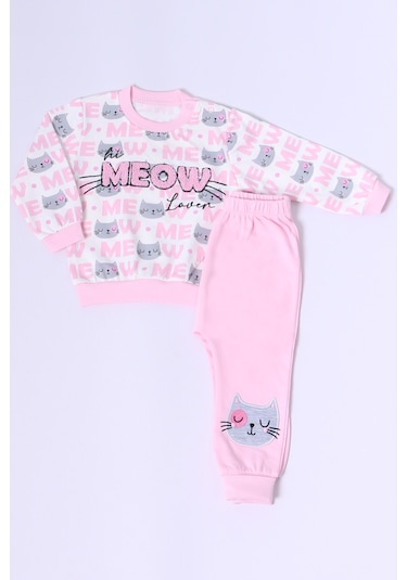 Hçm Kız Bebek Eşofman Takımı Kedicik Baskılı Çıtçıtlı B72 Pembe