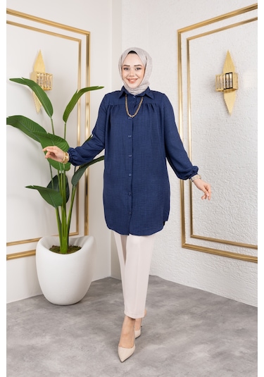 Önü Büzgülü Bilek Lastikli Tunik - Lacivert / Ü104 Lacivert
