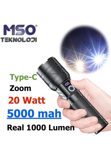 Mso Profesyonel 20watt 5000mah Powerbank Type-c Led Fener Siyah