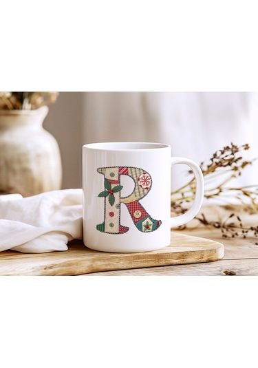 R Harfi Yılbaşı Temalı Kupa Bardak - Yeni Yıl Konsept Yamalı Efekt Tasarım - Noel Hediye Beyaz