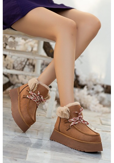 Bağcıklı Kalın Tabanlı Katlanır Yaka Kürklü Kadın Bot Taba
