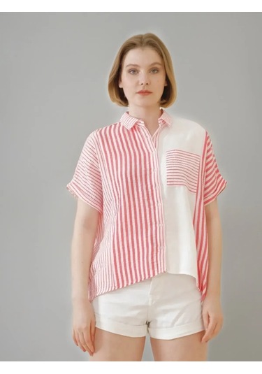 Kadın Keten Oversize Pembe Cizgili Beyaz Kısa Kollu Gömlek Pembe