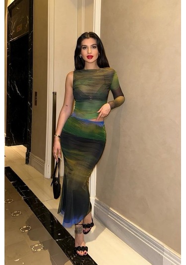 Kadın Multi Desenli Lycra Uzun Kollu Bisiklet Yaka Takım Çok Renkli