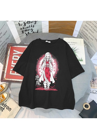 Siyah Japon Animesi İblis Avcısı T Shirt Erkekler Kawaii Kimetsu Hiçbir Yaiba Grafik Tees Tanjirou Kamado Unisex Üstleri Komik Tişört Siyah