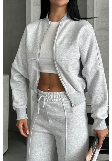 Neşeli Butik Kadın Pamuklu Kışlık Rahat Kesim Eşofman Takımı Nbg112 Gri