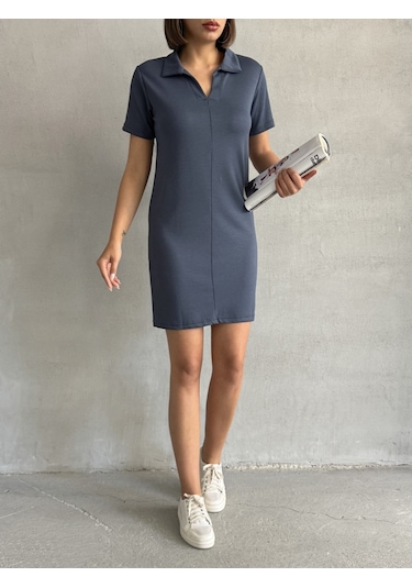 Kadın Polo Yaka Soft Touch Elbise Antrasit
