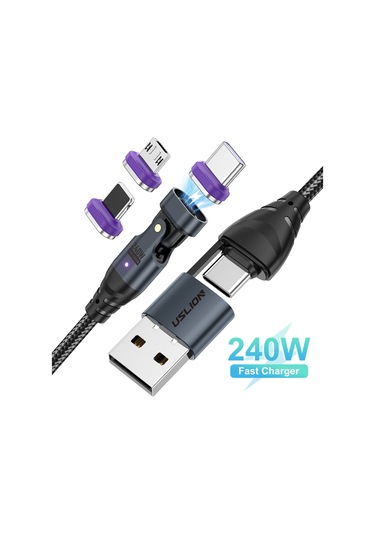 Uslıon Us0204 1m Usb - Tip-c'den Tip-c'ye - Mikro - İp Kablosu Döndürülebilir 240w Manyetik Şarj Kablosu