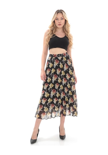 Soralline Kadın Plisoley Etek 786 Şifon Empirme Gül Siyah
