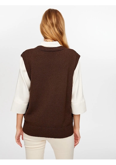 Faik Sönmez Yanları Kontrast Şerit Detaylı Pamuk Kadın Triko Yelek W26trh012 Kahve
