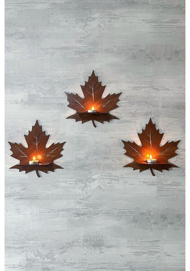 Dekoratif Ceviz Yaprak Desen Duvar Rafı 3 Lü Set 25 Cm Duvar Mumluğu - Mumluk Raf - Ahşap Desen Siyah