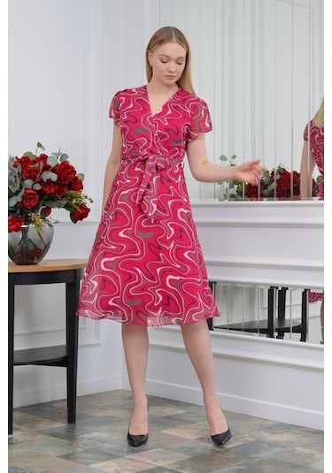 Kadın Desenli Kruvaze Yaka Midi Şifon Elbise 4445/110 001