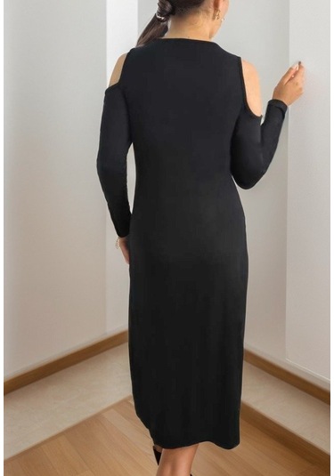 Nnstartshopping Kadın Uzun Kollu Yaka Önü Güpürlü Madonna Yaka Viskon Midi Boy Elbise Siyah