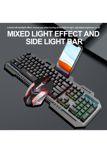 T-wolf Tf600 104 Tuşlu Kablolu Arkadan Aydınlatmalı Klavye Ve Fare Seti, Metal Panel Ve Telefon Standı İle Siyah Optik