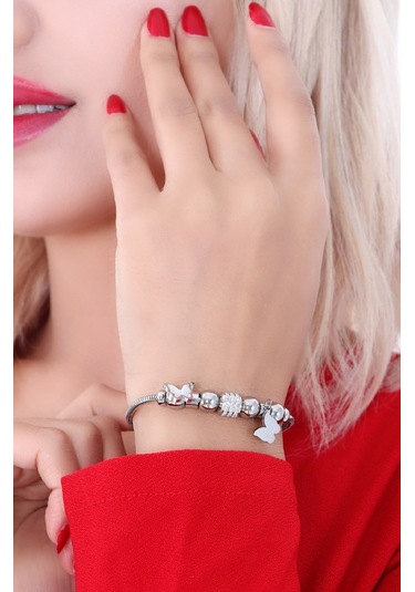 Kadın Taşlı Kelebek Çelik Bileklik Altın Kaplama Gümüş Renk Altın