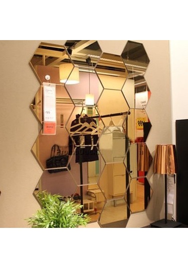 Sones 12 Adet 3d Altıgen Ayna Duvar Sticker Seti, Boyut: 4 4cm Altın Diğer