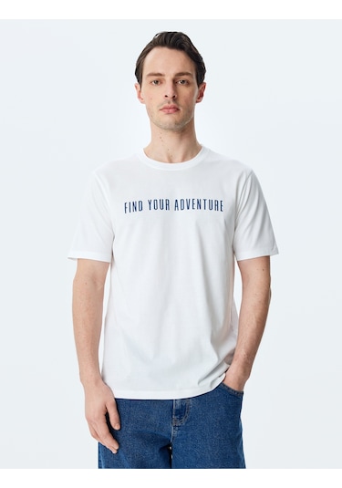 Koton Bisiklet Yaka Regular Fit Pamuklu Kısa Kollu Slogan Baskılı Tişört Beyaz 5sam10087hk Beyaz