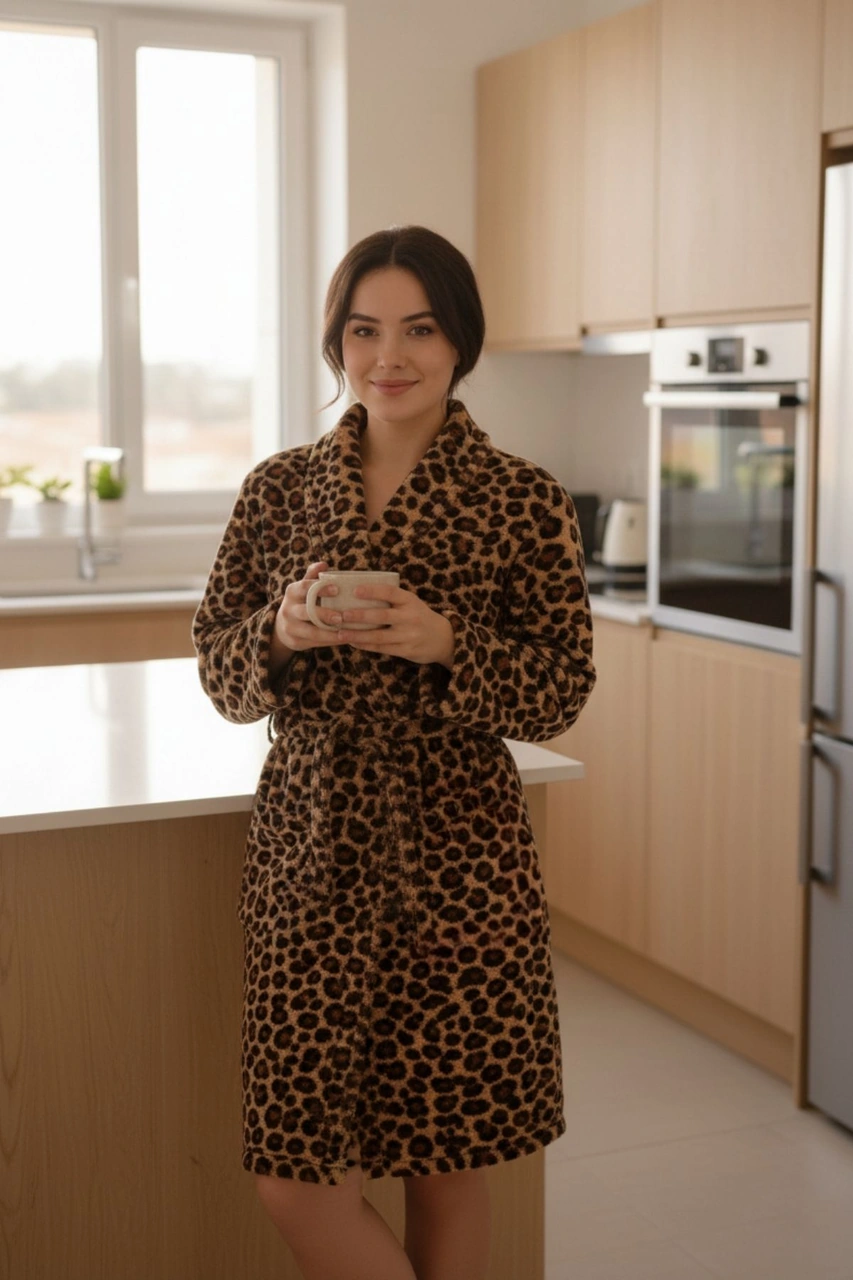 Lumor Şal Yaka Wellsoft Peluş Yumuşak Sabahlık Leopar Leopar