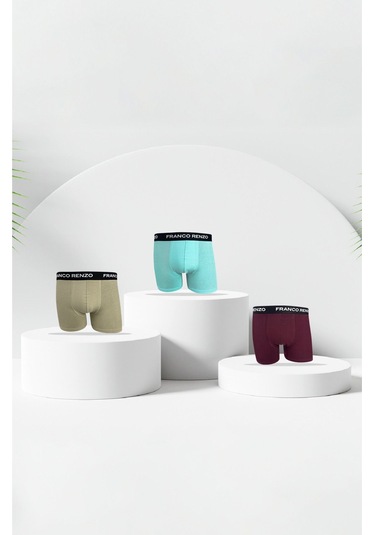 Franco Renzo Erkek 3 Lü Premium Kutu Likralı Boxer Taş - Bebe Mavi - Bordo Çok Renkli