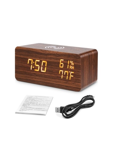 Goldenqian Dijital Çalar Saat, Led Akıllı Telefon Kablosuz Şarj Cihazı Zvfzme Kahve