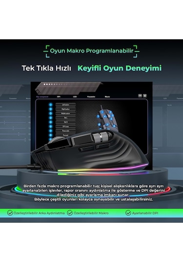 Mkespn X13 Gaming Mouse Kablolu 12400 Dpi 10 Tuş Makro Rgb Oyuncu Mouse Siyah