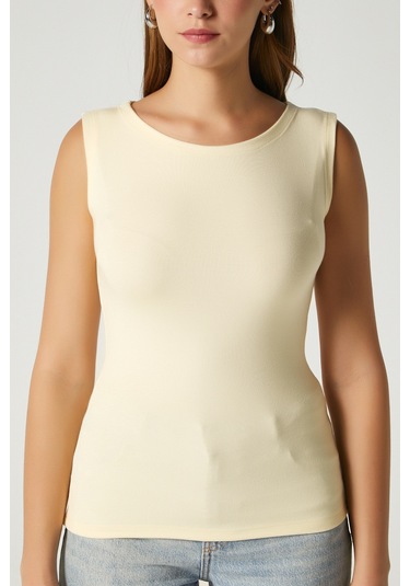 Kadın Nova Kayık Yaka Lux Touch Yumuşak Doku Kolsuz Tereyağı Sarısı Bluz Tereyağı Sarısı