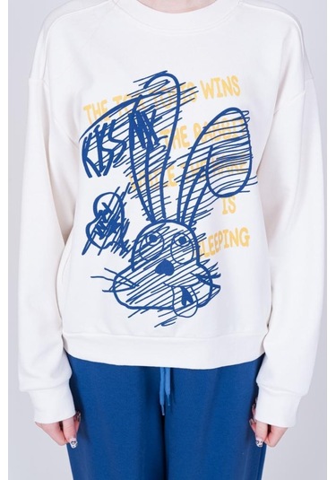 Kız Çocuk Neon Tavşan Baskılı Tasarım Teenage Sweatshirt-13402-ekru Ekru