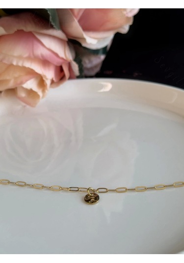 Oval Dövme Figürlü İnce Paperclip Ataş Model Zincir Çelik Halhal Metoo Serisi Gold