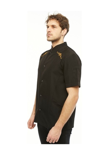 Uniprom Kısa Kollu Aşçı Ceketi Önlük Omuz Nakışlı Cepli Şef, Garson Siyah