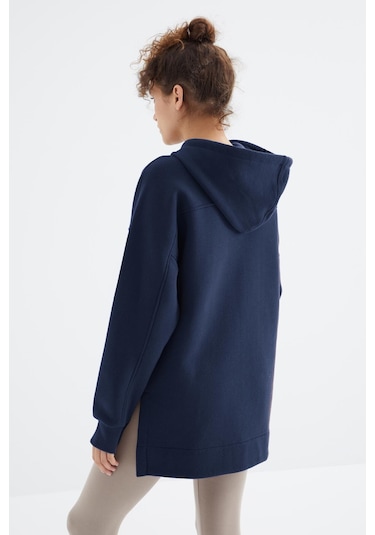 Tommy Life İndigo Reglan Kol Basic Kapüşonlu Oversize Sweatshirt Tunik - 97242 İndigo