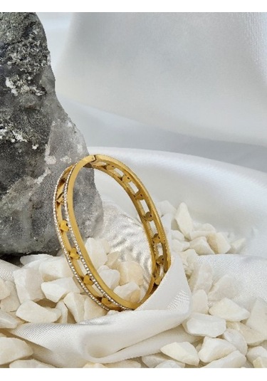 Eva Takı 316 l Çelik Kalp Model Zirkon Taşlı Altın Kaplama Gold Renkli Kelepçe Bileklik
