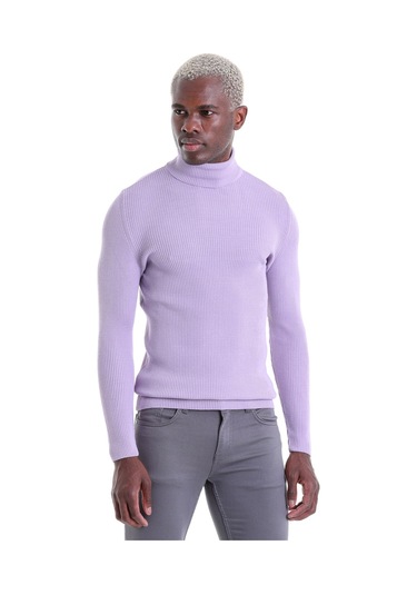 Hatemoğlu Mor Regular Fit Düz Balıkçı Yaka Klasik Yün Triko Kazak Lila