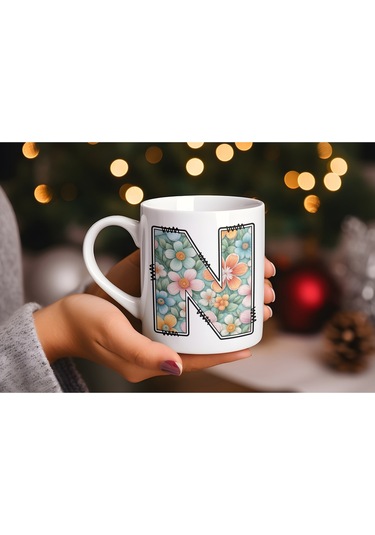 N Harfli Pastel Çiçek Desenli Kahve Kupası - Kişiye Özel Çiçekler Koleksiyonu Bardak - Hediye Beyaz