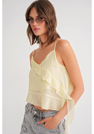 4736 Kadın Fırfırlı Askılı Bluz Sarı Sari