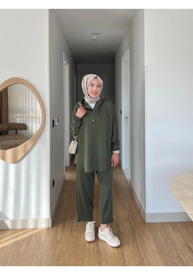 Lena Modal Kumaş Çıt Çıt Detaylı Kadın Tesettür İkili Takım Haki