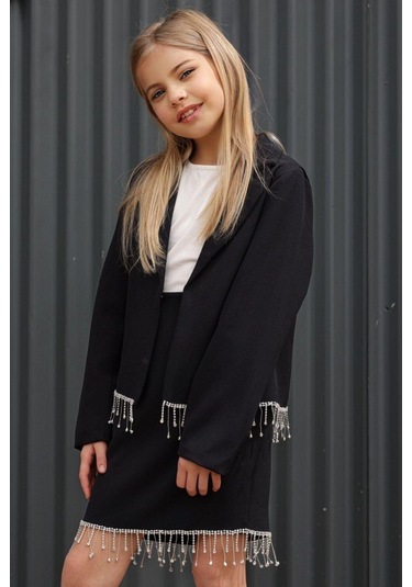 Riccotarz Kız Çocuk Dökümlü Kristal Taş Detaylı Siyah Etekli Takım 001