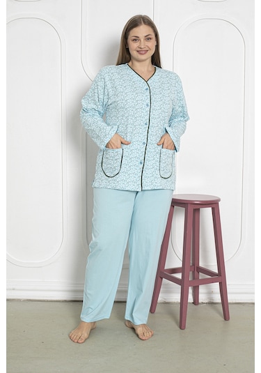 %100 Pamuklu Uzun Kollu Boydan Düğmeli Büyük Beden Kadın Pijama Takımı 206 Yeşil