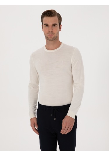 Cacharel Beyaz Slim Fit Yün Karışımlı Bisiklet Yaka Basic Triko Kazak