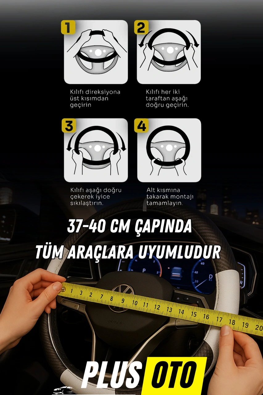 Plus Karbon Serisi Siyah Geçmeli Direksiyon Kılıfı Siyah Siyah