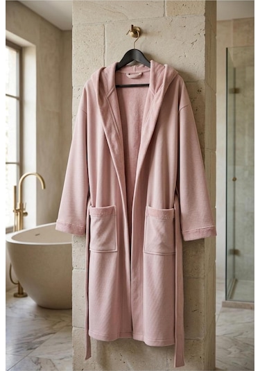 Soft Comfort Lacost Örgü Unisex Kapüşonlu Bornoz Pembe