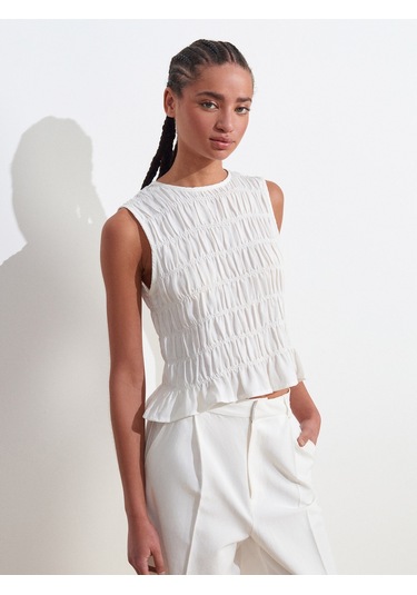 Dilvin 50845 Kolsuz Crop Bluz-ekru Ekru