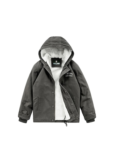 Ikkb Kışlık Erkek Gündelik Kalınlaşmış Sıcak Kapüşonlu Ceket Kaban Koyu Gri