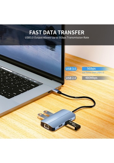 Junsunmay 6'sı 1 Arada Type-c - 4k Hdmı / Ethernet Yerleştirme İstasyonu Adaptörü Usb-c Hub Çoklu Bağlantı Noktası Dönüştürücü