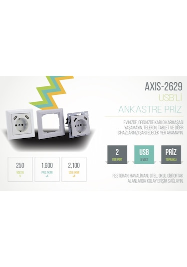 Axis Sıva Altı Topraklı Priz 16A + 2 Usb 23A