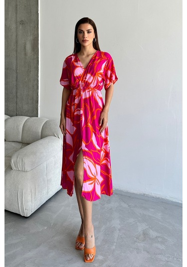 Kadın Pembe Derin V Yaka Yazlık Uzun Önden Yırtmaçlı Viskon Elbise